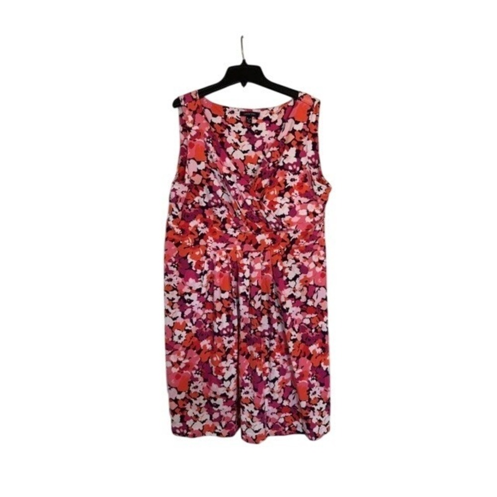 Lands End Womens Floral‎ Faux Wrap Sleeveless Knit Dress Pink Orange XL 18 P EUC